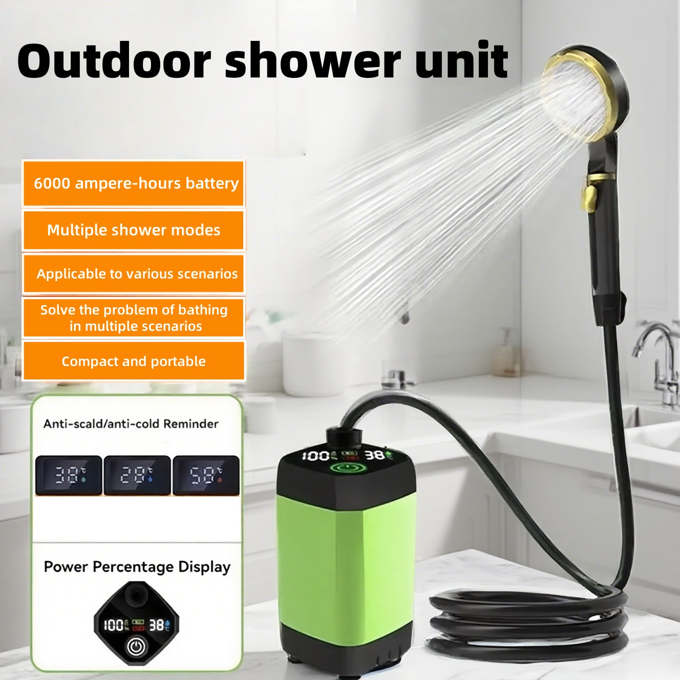 Outdoor Adventures - เครื่องอาบน้ำไฟฟ้าแบบพกพาสำหรับใช้งานกลางแจ้ง แบตเตอรี่ใช้งานได้นาน เหมาะสำหรับใช้ในสถานที่ตั้งแคมป์ ห้องน้ำ และสถานที่ก่อสร้าง